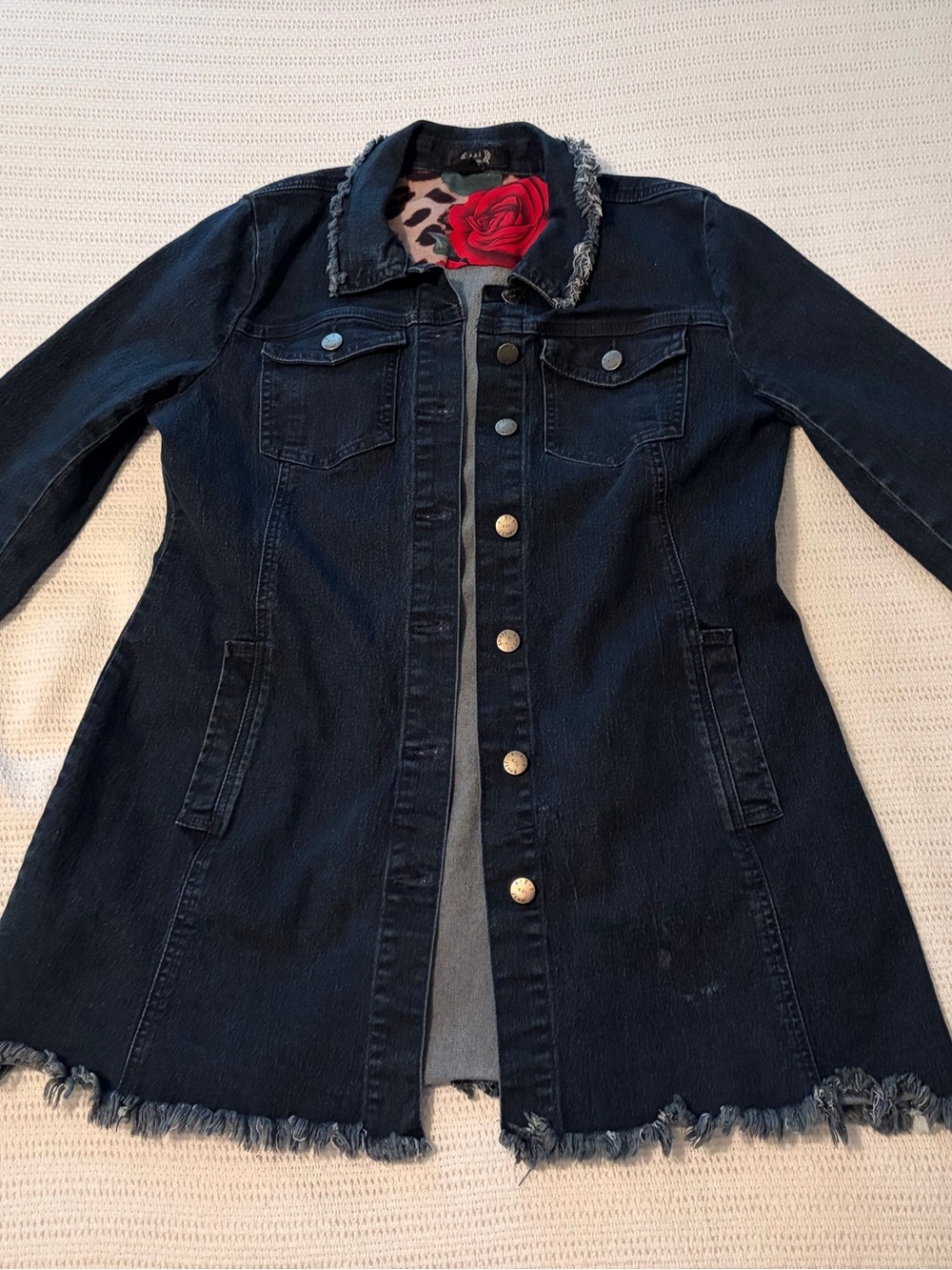 AZI “Kelly” Long Denim Jacket with Rose Detail